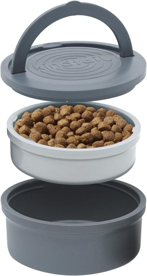 KindTail Portable Pet Feeder, Travel Dog Bowls with Lid and Handle, Microwave and Dishwasher-Safe, 10oz Inner Bowl & 20oz Outer Bowl, Grey