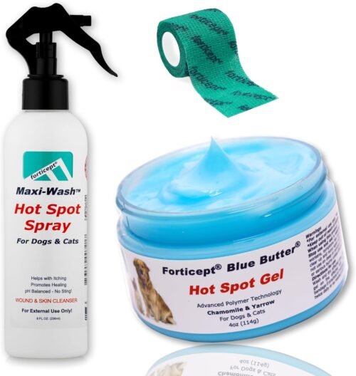 Forticept Hot Spot Treatment and Wound Care Kit for Dogs&Cats |Hotspot Wound Wash Spray 8oz + Wound Care Ointment 4oz + 2″ 5 Yards Wound and Paw Bandage Wrap | First Aid Kit