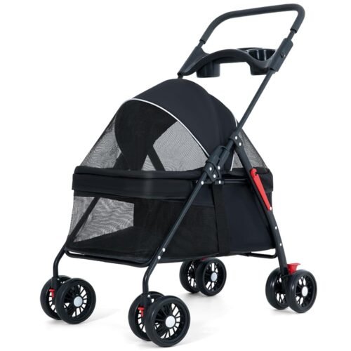 Pet Stroller 4 Wheels Dog Cat Stroller,Pet Folding Stroller,Foldable Dog Cat Cage Jogger Stroller with Storage Basket and Cup Holder,Breathable and Visible Mesh for Medium Small Dogs Cats