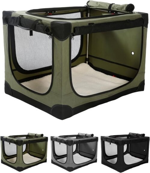 36 Inch Collapsible Travel Dog Crate for Medium Large Dogs, Portable Dog Crate 4-Door Foldable Soft Kennel with Chew-Proof Mesh Windows for Indoor & Outdoor Travel,with Storage Bag,Green