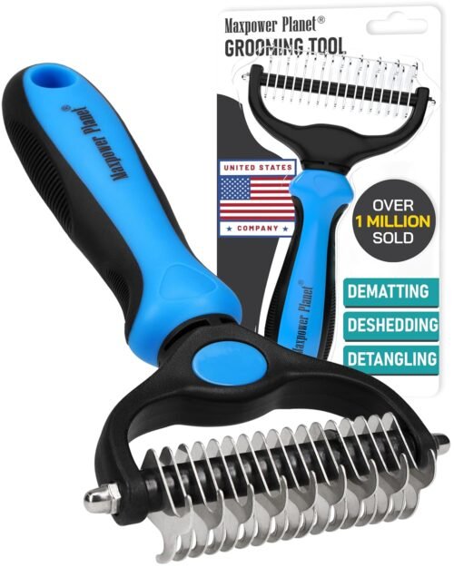 Maxpower Planet Original Pet Grooming Rake – Double-Sided Deshedding Dematting Tool, Undercoat Rake for Dogs & Cats, Extra-Wide Dog Grooming Brush & Deshedder Comb for Long Hair, Reduces Shedding 95%