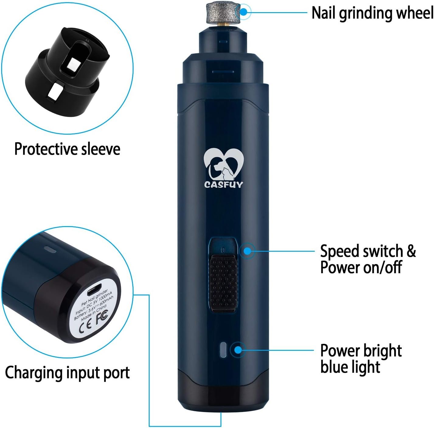 Casfuy Dog Nail Grinder Upgraded - Professional 2-Speed Electric Rechargeable Pet Nail Trimmer Painless Paws Grooming & Smoothing for Small Medium Large Dogs & Cats(Dark Blue) - Image 6