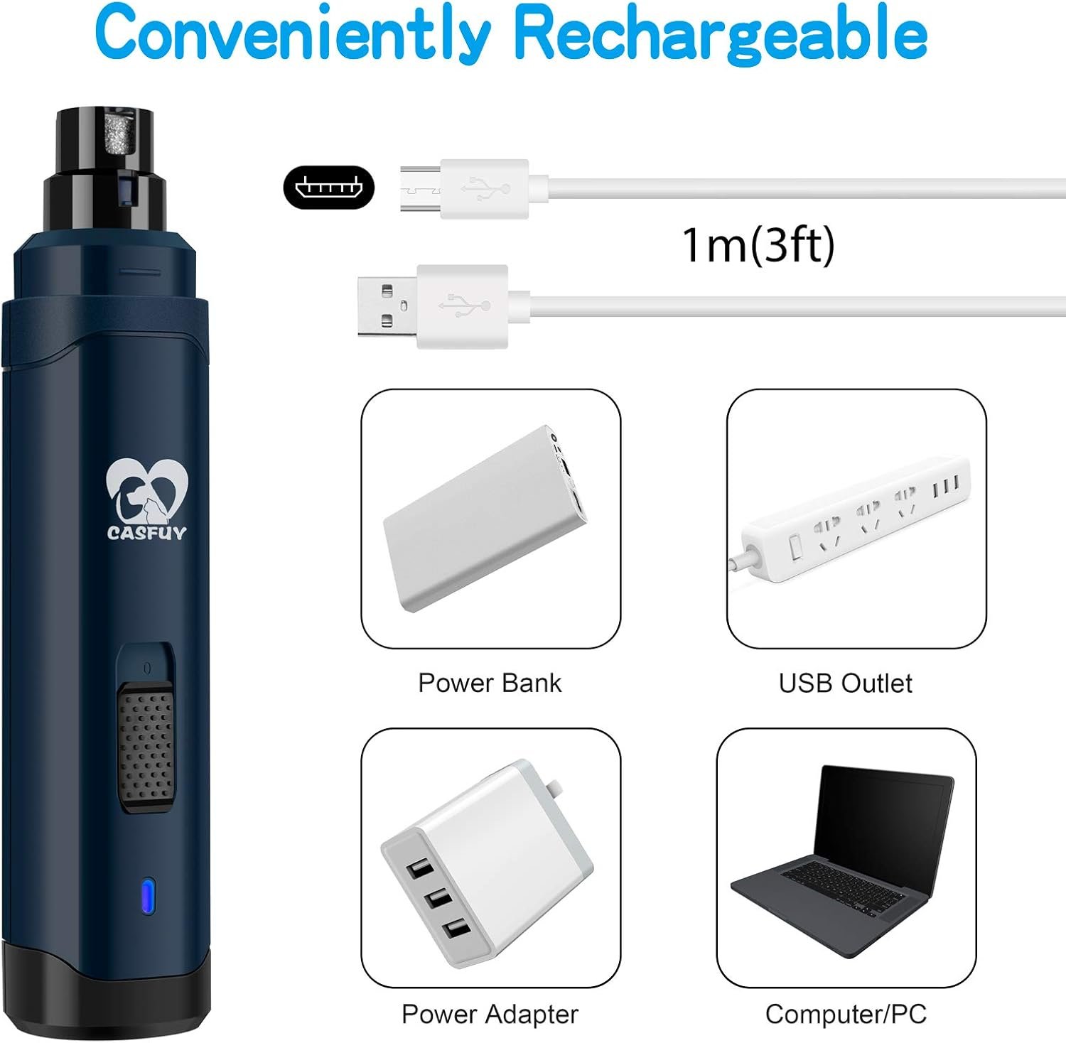 Casfuy Dog Nail Grinder Upgraded - Professional 2-Speed Electric Rechargeable Pet Nail Trimmer Painless Paws Grooming & Smoothing for Small Medium Large Dogs & Cats(Dark Blue) - Image 5